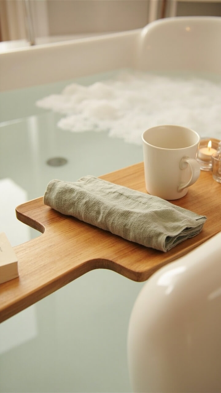 A honey-toned wooden bath tray rests across the middle of a white tub. On top: a folded sage green linen washcloth, a small white ceramic mug, and an open paperback book. A cluster of three tea lights in clear holders sits at one end of the tray.