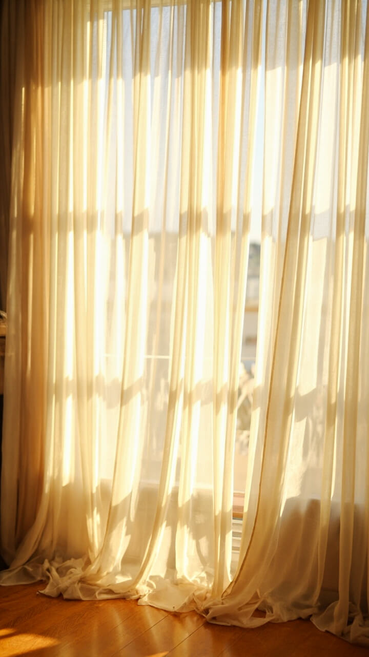 Tall windows dressed with double-layered, off-white sheer curtain panels. The curtains puddle softly on a honey-brown wood floor. Light drifts in, coloring the room golden in the afternoon.