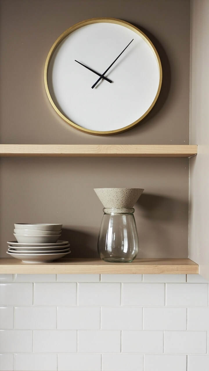 A muted taupe kitchen wall above open shelving features a large round wall clock with slim black hands and a white face rimmed in brushed gold. The shelf below holds stacked taupe plates and a modern pour-over coffee maker in glass, with a display of white subway tile backsplash running below.