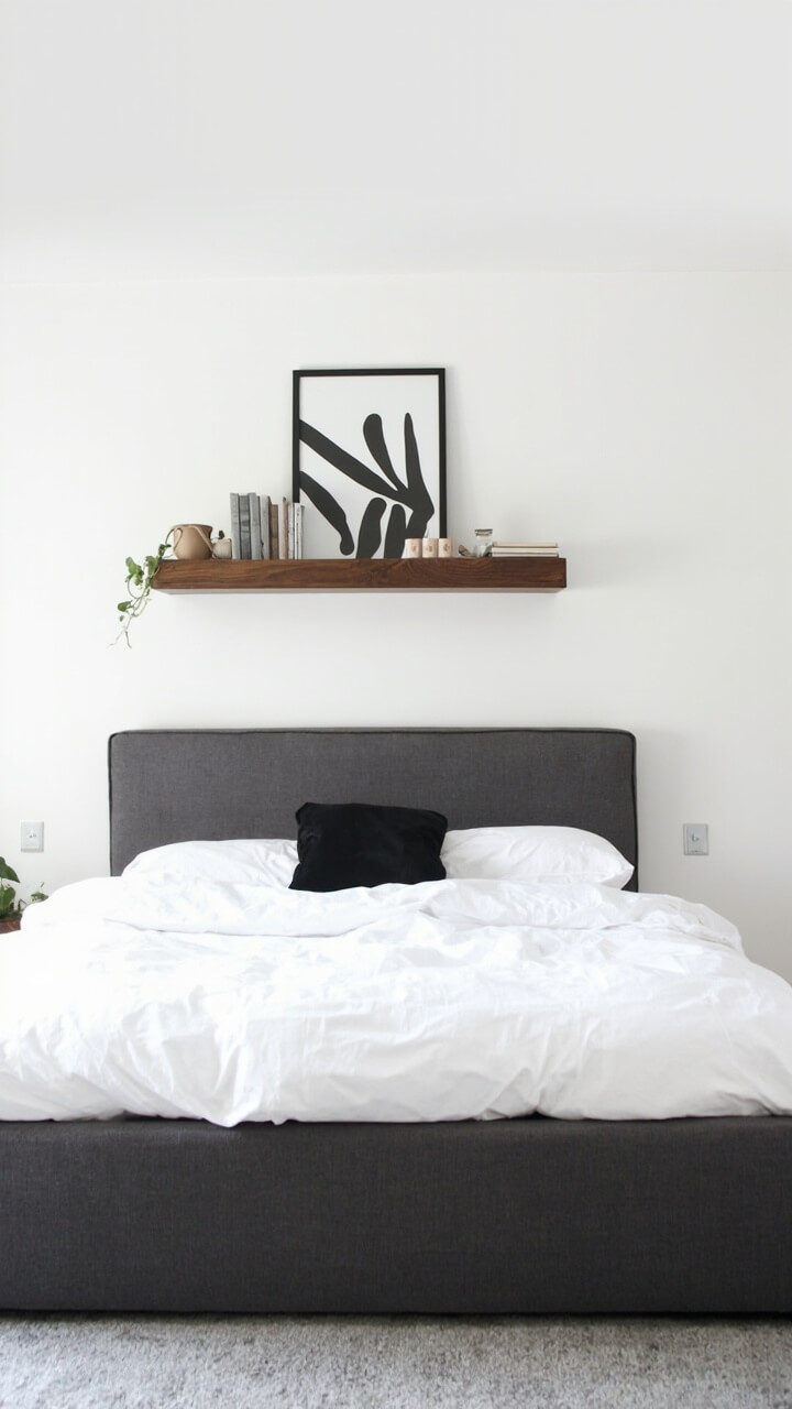 A queen bed with a charcoal grey upholstered headboard sits beneath a single deep wall-mounted shelf above, holding a row of monochrome books, a small trailing pothos in a terracotta pot, and a framed abstract print. Nightstands are absent, replaced by the shelf’s function. The rug is low pile, soft grey, and the bedding is crisp white with a black lumbar pillow.