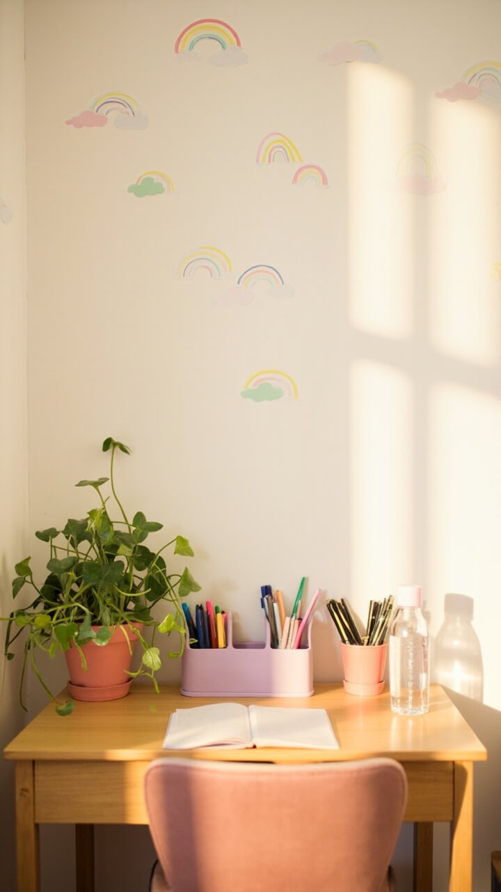 Above a dorm desk, pastel rainbow and cloud-shaped wall decals are scattered across the upper half of the wall. The standard wood desk is topped with a lilac desk organizer and a potted pathos plant. A blush pink desk chair sits tucked in, and a water bottle rests to the side.