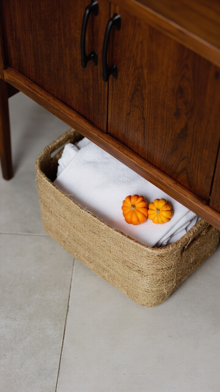 Rectangular jute basket tucked under a mid-century wood vanity. The basket holds folded white guest towels and two small bright-orange pumpkins resting on top. Clean, matte floor tile sets an uncluttered backdrop.