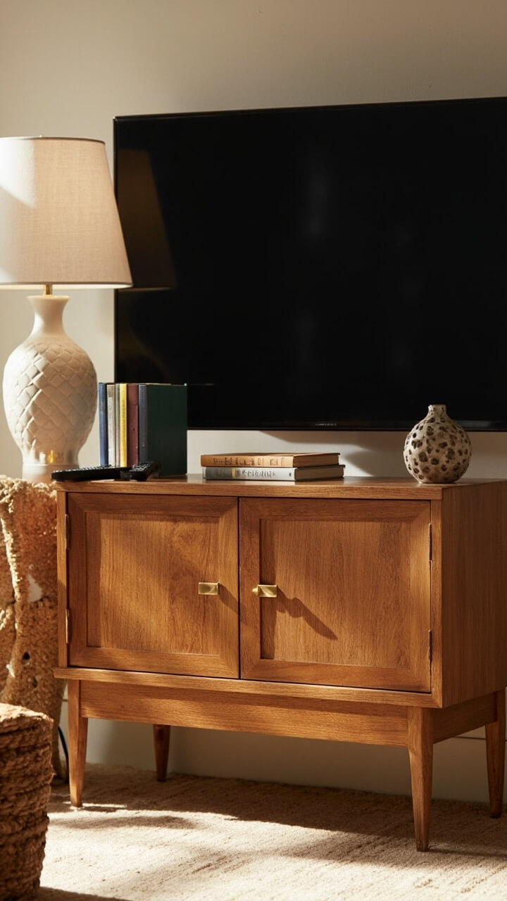 A triangular, mid-century oak TV unit with tapered legs, tucked perfectly in the corner. The cabinet has natural wood grain doors and a brass pull. A 40-inch flat-screen TV stands on top, flanked by a stack of favorite books and an ivory ceramic table lamp with a linen shade. A simple woven basket for remotes sits off to the side.