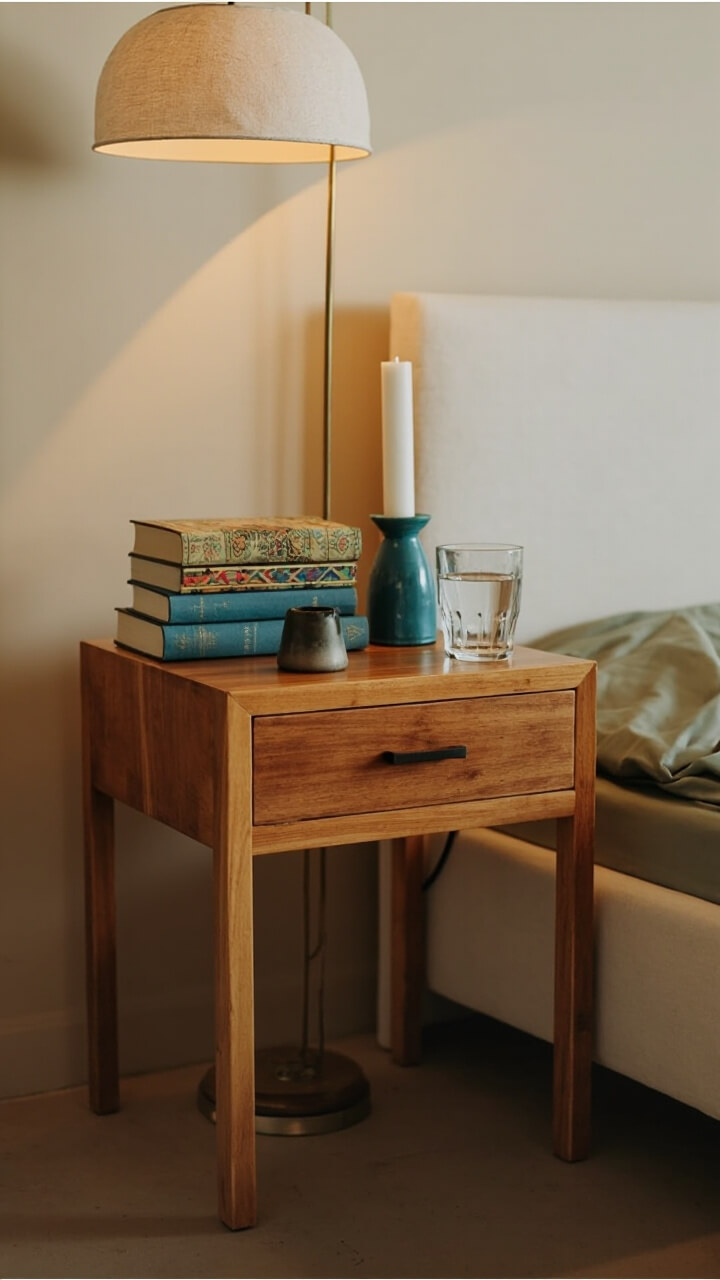 A simple wood side table by the bed has three hardcover novels stacked, a blue ceramic taper candle holder, and a glass of water. The bed, with light sage sheets, is flanked by a slim floor lamp.