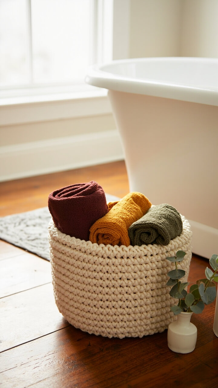 A chunky cream knitted basket sits on the floor next to a freestanding tub. Inside are three rolled towels in varying fall tones: soft burgundy, mustard yellow, and deep olive green. The setup nestles beside a small gray bath rug. A single eucalyptus stem in a white vase sits nearby on the floor for a hint of freshness.