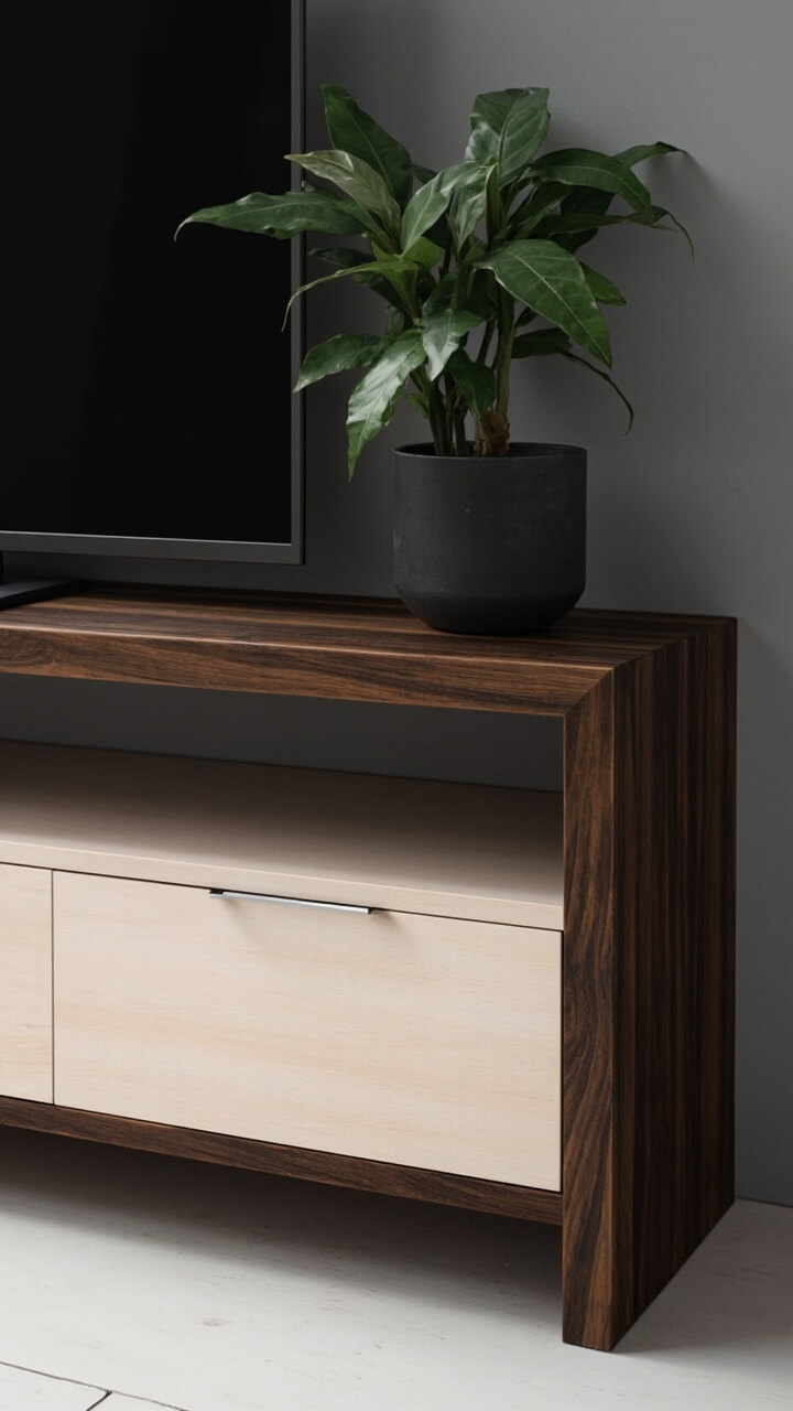 A TV unit with a dark walnut frame and light birch drawer fronts. Top is clear except for a single dark clay planter with a rubber plant, and the room uses medium grey walls.