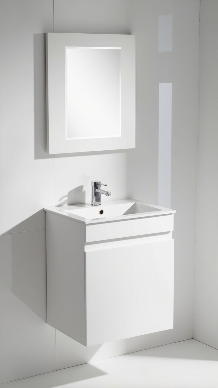 Matte white cube vanity with flush drawer, bright white integrated sink, small white-framed square mirror, minimal chrome faucet, glossy white tile wall.