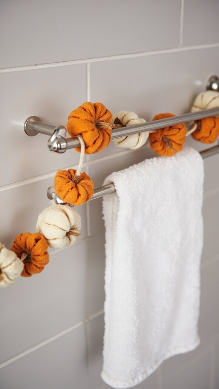 A brushed nickel towel bar mounted to soft gray tile, with a garland of fabric pumpkins in alternating white and orange shades strung across. A single fluffy white towel is folded on one end of the rack.