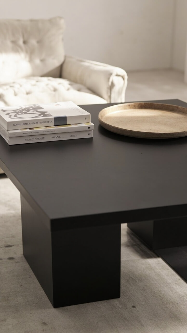 A broad, rectangular table in matte black wood sits just eight inches high on short block legs, in front of a low cream sofa. The table hosts a stack of two art books and a round, unglazed ceramic tray.