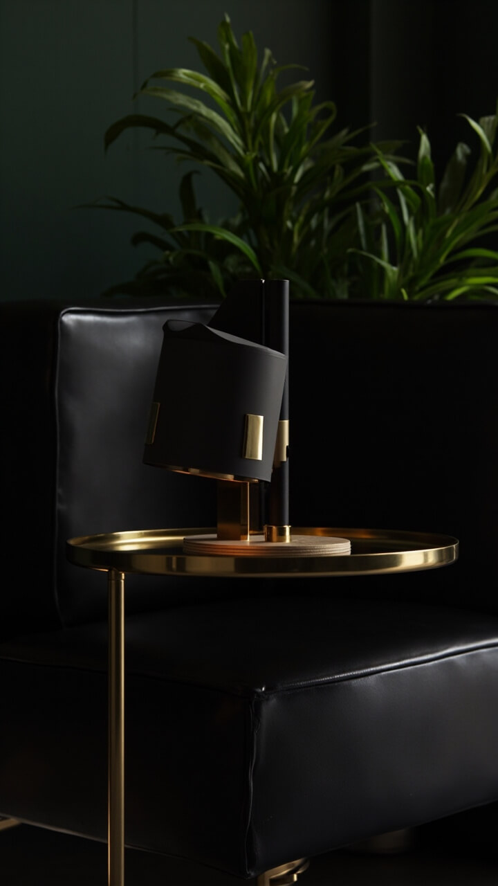 A matte black sofa with a gold metal end table on one side, a cylindrical black and gold table lamp, and a round gold tray perched on the sofa’s arm. There’s a single leafy green plant for freshness.