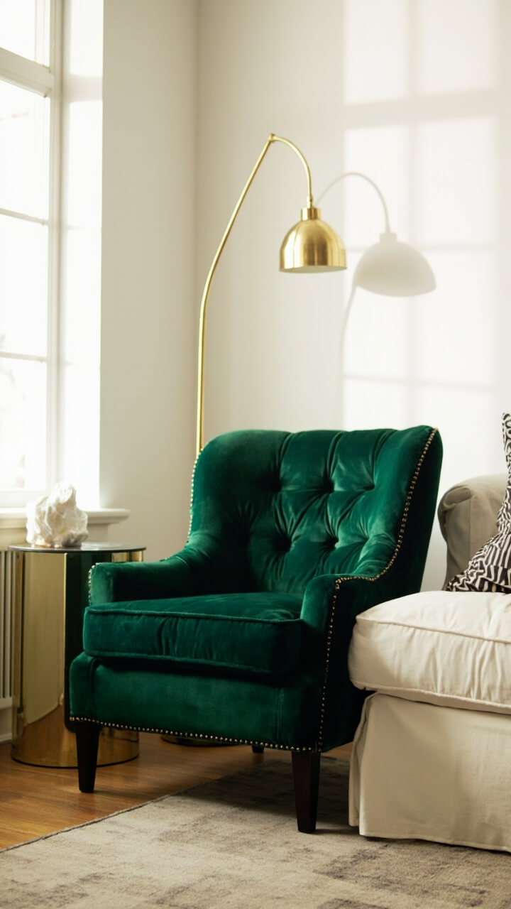 A deep emerald velvet accent chair nestles beside an ivory slipcovered sofa. A geometric brass floor lamp arcs above, while a round mirrored side table shimmers next to the chair. A taupe area rug adds subtle warmth.