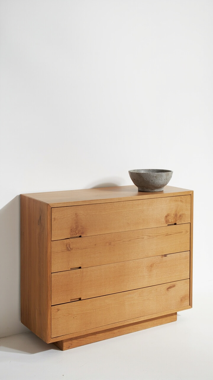 A 6-drawer maple dresser with no visible hardware stands flush against a white wall. On one end sits a small concrete bowl; the rest of the top is bare.