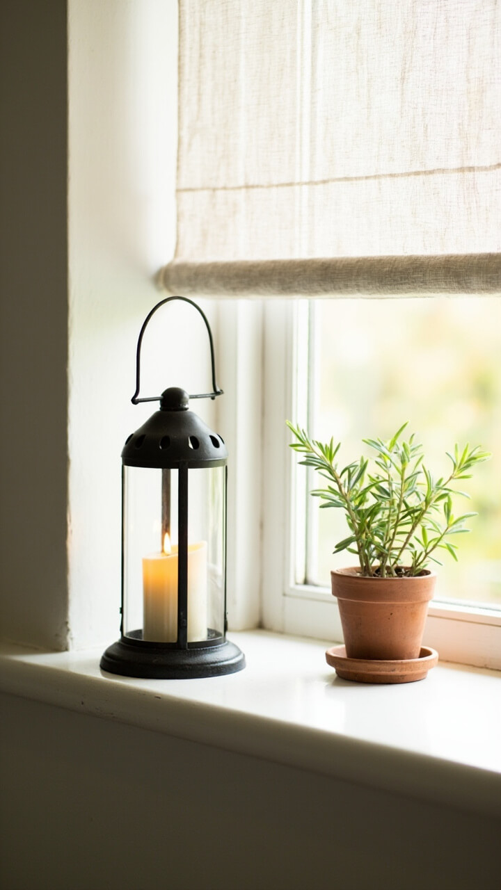 A small black metal lantern sits on a white window ledge with a warm white flameless candle inside. A tiny potted rosemary plant in a clay pot sits beside it. A linen cafe curtain filters light. The window trim is white.