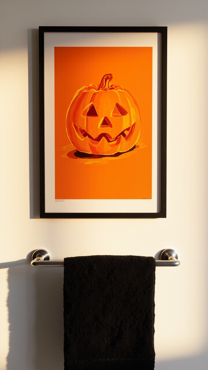 A simple black frame showcases a stylized orange jack-o’-lantern print against white wall paint. Below the art, a chrome towel bar holds a single folded black towel.