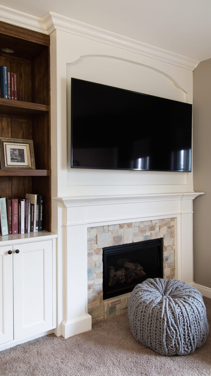 A white, custom built-in fireplace unit fills the corner with a faux-stone surround. Just above, a 50-inch TV is flush-mounted, framed by open bookshelves with neat rows of books and a couple of picture frames. A gray knit pouf sits on soft taupe carpeting nearby.