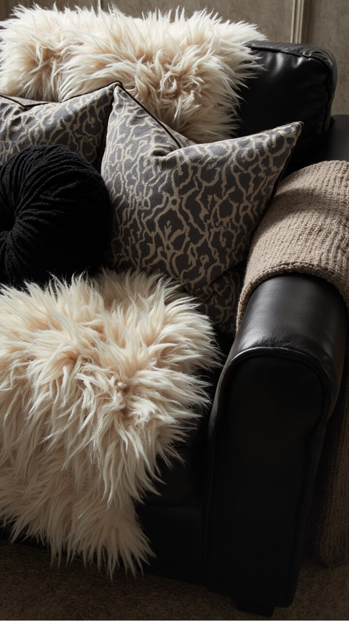 A comfortable black sectional covered in a cream faux fur throw, two patterned gray lumbar pillows, and a round black knitted pillow. On the armrest, a taupe cashmere throw piles up.