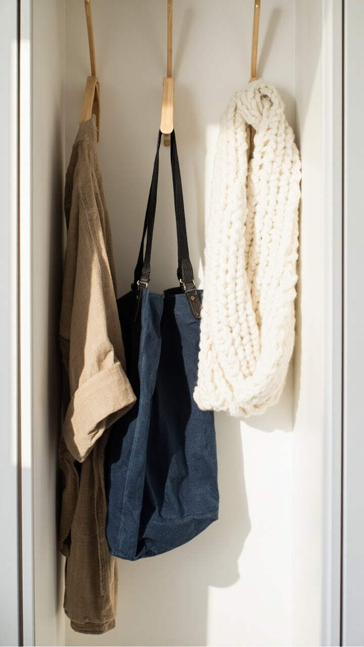 Inside a white built-in wardrobe door, a panel of five oversized matte black pegs is mounted. Two hold a tan robe and a navy canvas tote, while a third displays a chunky knit scarf in winter white.