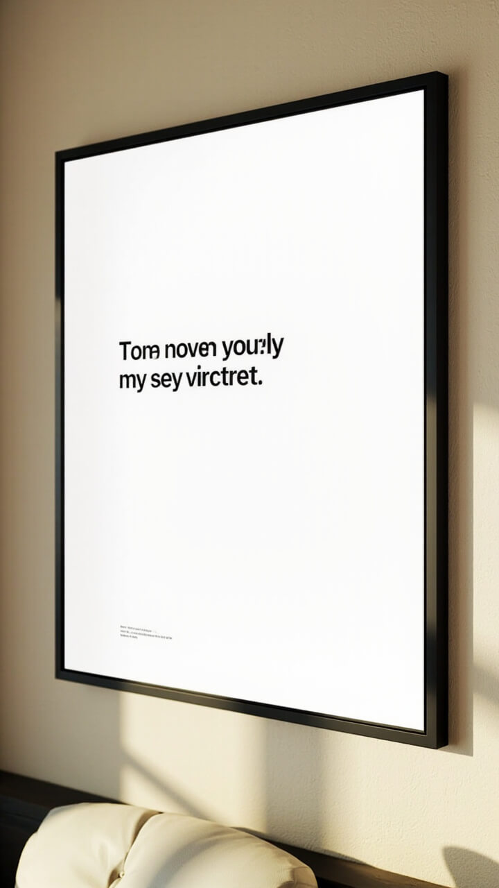 A 24x36-inch black framed print displays a single, bold sans-serif black quote on a clean white background. The wall is matte beige, and nothing sits below.
