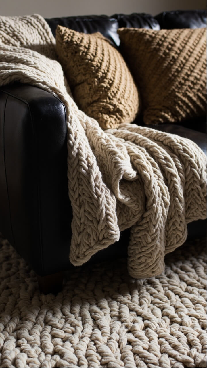 A deep black sectional with a chunky cream knit throw folded over the arm, two large woven tan pillows, and a looped ivory area rug underfoot.