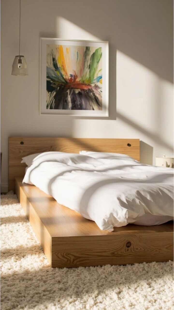 An oak wood platform bed with rounded corners takes center stage, topped with smooth white cotton bedding. No footboard or heavy ornamentation—just the natural wood. The room features an off-white rug and a single abstract art print above the headboard.