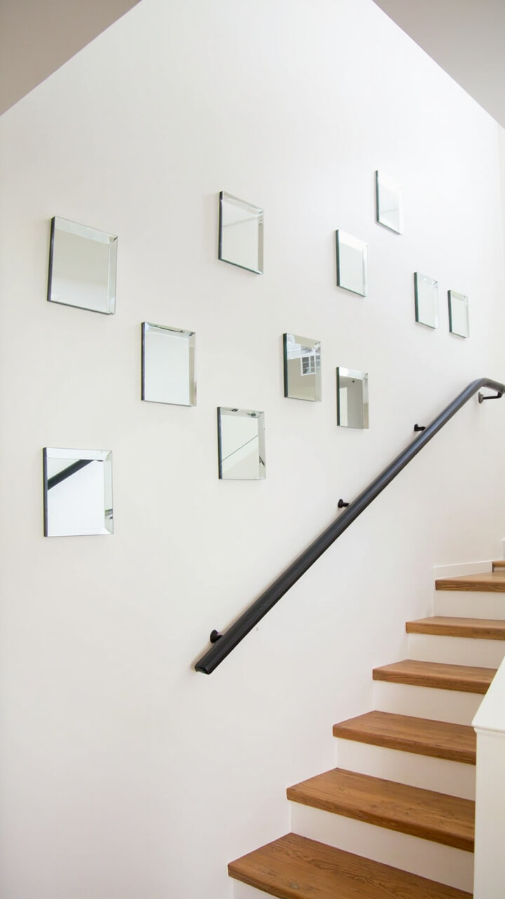 A modern staircase with a white wall lined by three rows of square frameless mirror tiles (twelve total). The stairs themselves are oak with white risers, and a simple black handrail runs alongside.