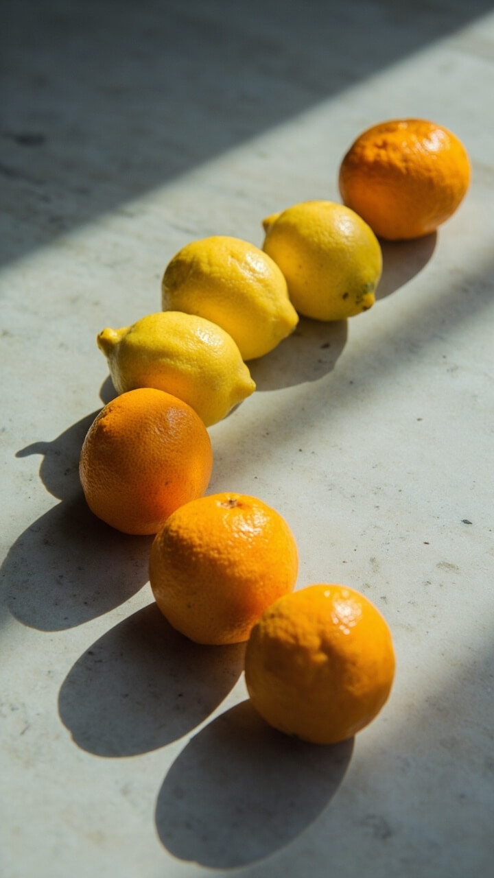 Seven loose lemons and four oranges are lined up in a gentle curve across a medium gray stone island. No other decor is present.