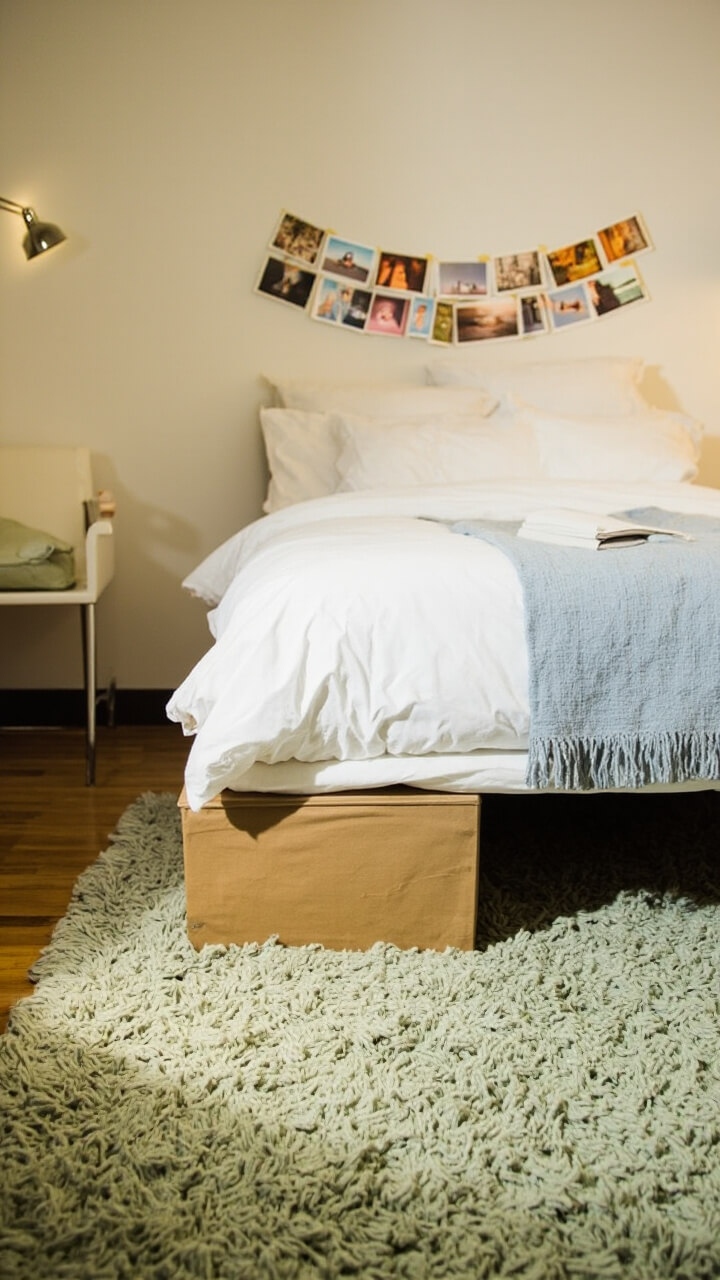 A narrow, pale sage-green shag rug runs the length of a dorm twin bed, with the bed dressed in crisp white comforter and light blue accent blanket. There’s a tan storage ottoman at the end of the bed, and a desk chair sits close by. Postcards are taped above the headboard.