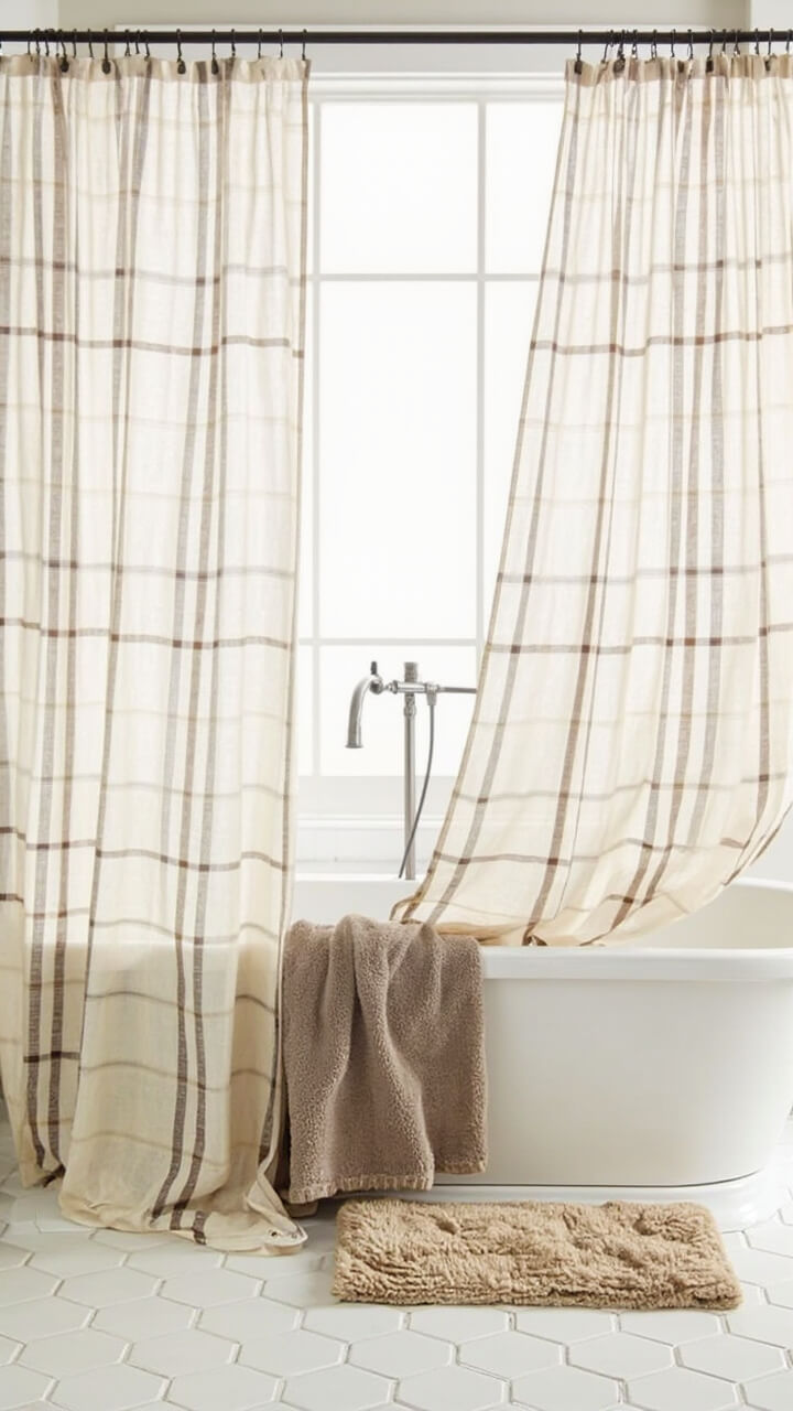 A cream, gray, and rust-plaid flannel shower curtain hangs from matte black rings, slightly billowing over a white tub. A taupe bath towel is draped over the side. The floor shows classic white hex tile and a small tan bath mat.