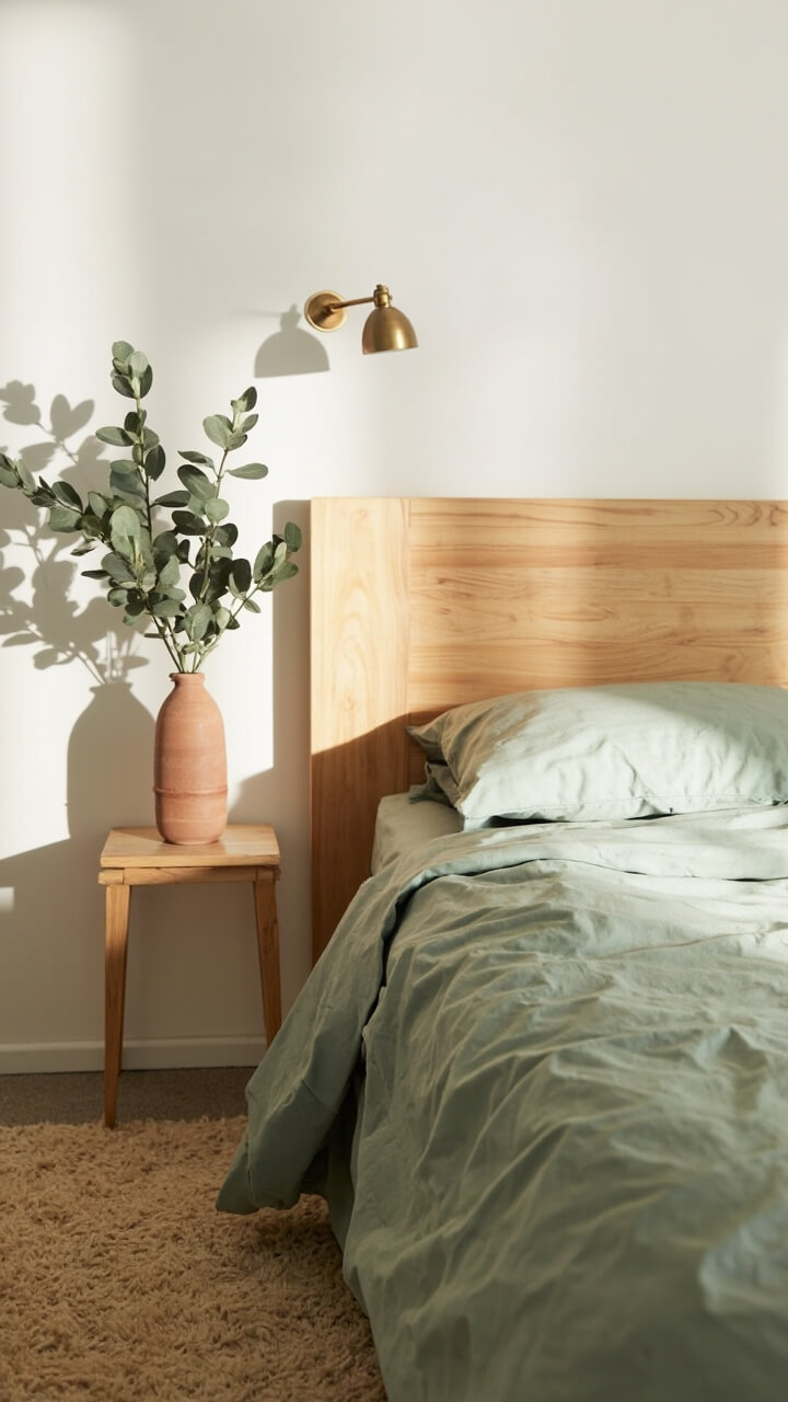 A pair of matte brass swing arm sconces flank a simple wood headboard. The bed has sage green sheets, a handmade clay vase on the narrow nightstand holds fresh eucalyptus. The rug is soft beige.