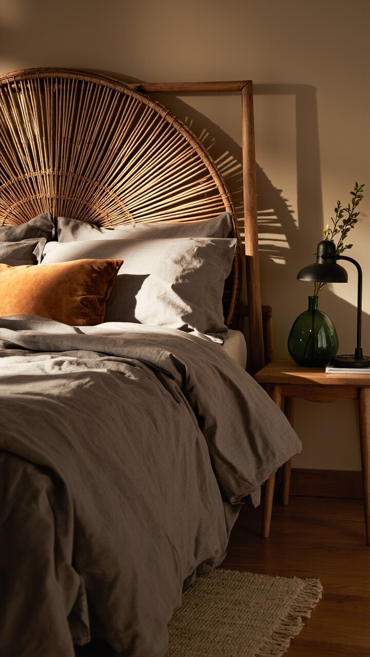 A queen-sized bed with a woven rattan fan headboard, soft taupe linen duvet, caramel velvet throw pillow, and an airy beige rug underfoot. A wooden nightstand holds a matte black reading lamp and a green glass bud vase.