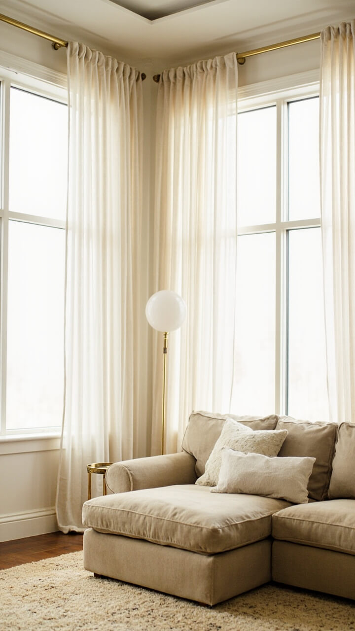 Light-filtering ivory curtains hang from ceiling-mounted brass rods, dramatically framing large windows. A soft beige sectional sofa sits underneath, paired with a gold round side table and a woven cream rug. A soft-glow globe floor lamp stands in one corner, adding warmth.