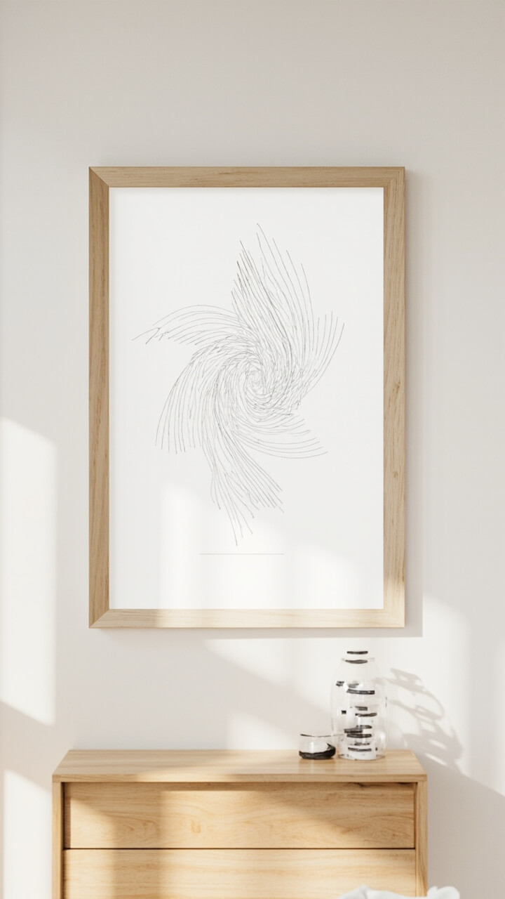 A single, oversized black and white line drawing hangs in the center of a soft white wall. The frame is natural oak, and below it sits a simple light wood console. The space around the art is uninterrupted and airy.