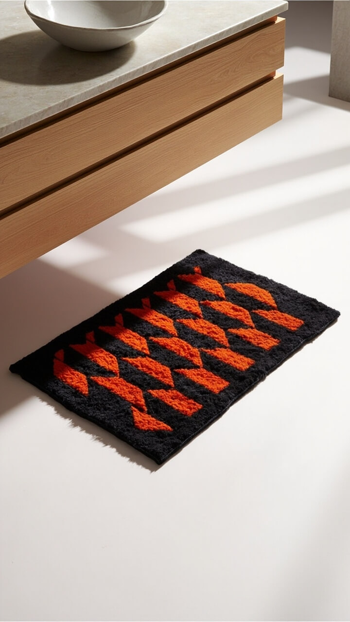A thick, rectangular bath mat with bold orange diamond patterns on a black backdrop lies in front of a floating vanity with natural oak drawer fronts. The mat’s clean lines match the edges of the vanity and white floor tiles.