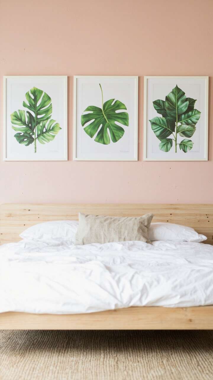 Three large, matted prints showing leafy botanicals are lined up on a dusty blush wall above a low-profile light wood bed. The bedding is white linen, and a single flax linen cushion sits in the center. Prints and bed are perfectly centered for a balanced feel.