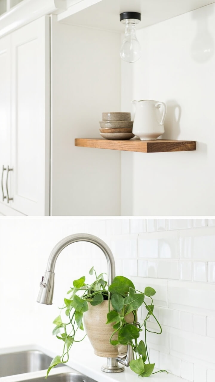A single natural oak floating shelf floats above a white tile backsplash. On the shelf: one matte white ceramic pitcher, one stack of three stoneware bowls, and one trailing pothos plant in a neutral clay pot. White shaker cabinets and a brushed nickel faucet fill the rest of the kitchen scene.