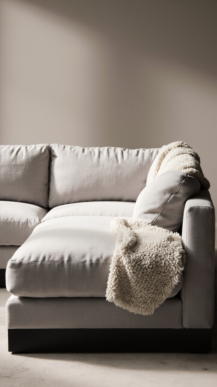 A modular sectional in soft stone grey microfiber sits nearly flush with the floor, forming an L-shape. Each unit has a square silhouette and wide seat. A nubby cream throw rests casually over one arm.