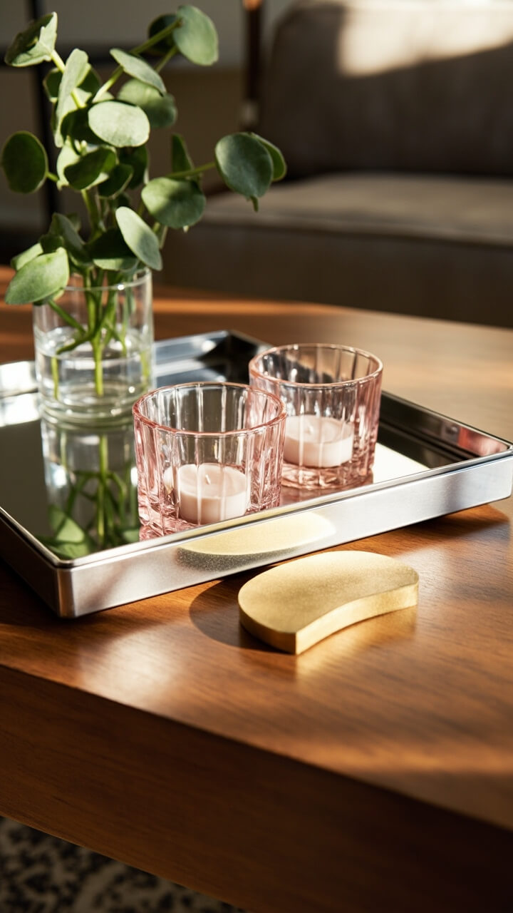 A mirrored rectangular tray sits atop a walnut coffee table. On the tray: two pink glass votive candle holders, a sprig of eucalyptus in a tiny clear glass vase, and a gold metal coaster. Natural light from a nearby window gives a subtle shine.