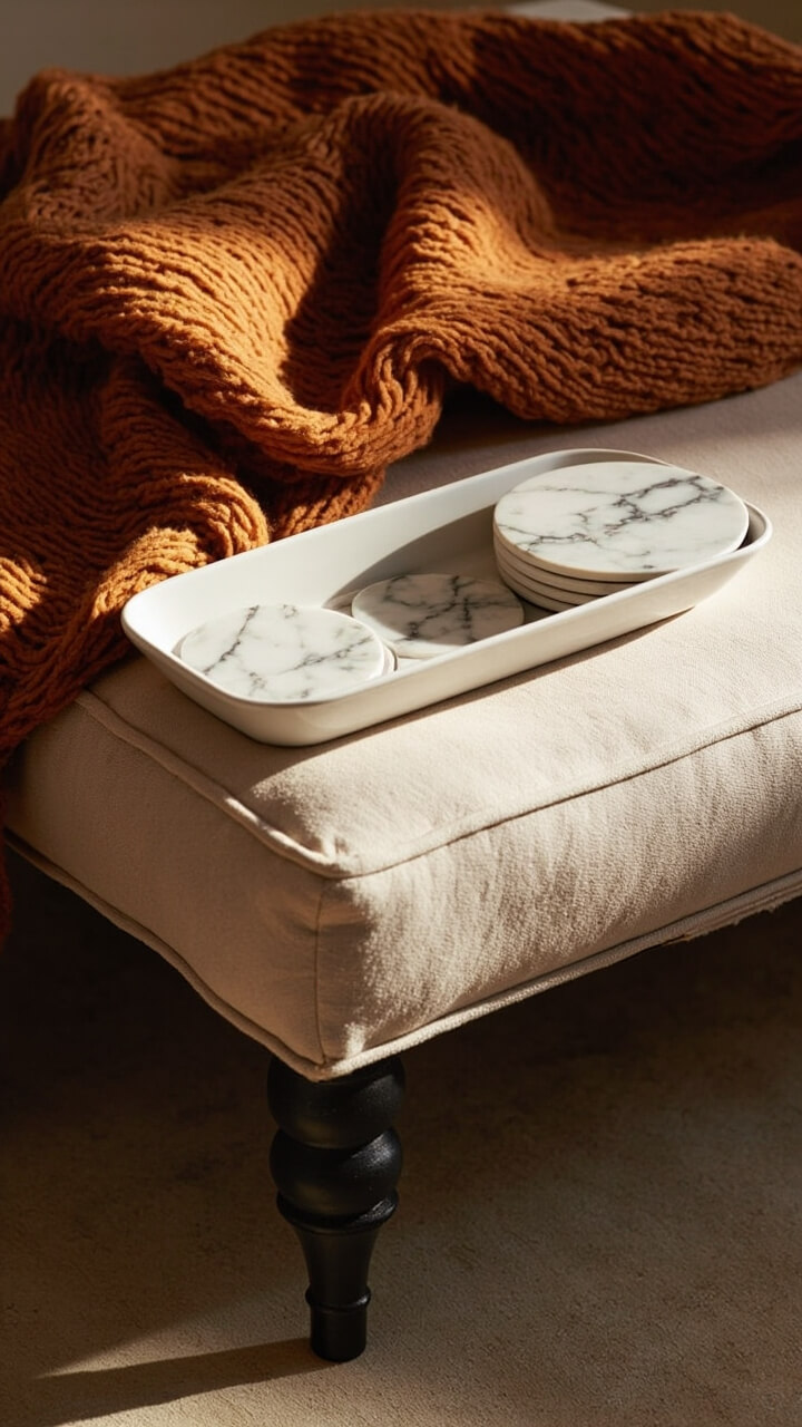 A low, wide upholstered ottoman-coffee table displays a neatly folded burnt orange knit throw. In one corner sits a shallow white ceramic dish holding a set of four marble coasters. That’s it: tactile, underplayed, and inviting. A low, wide upholstered ottoman-coffee table displays a neatly folded burnt orange knit throw. In one corner sits a shallow white ceramic dish holding a set of four marble coasters. That’s it: tactile, underplayed, and inviting.