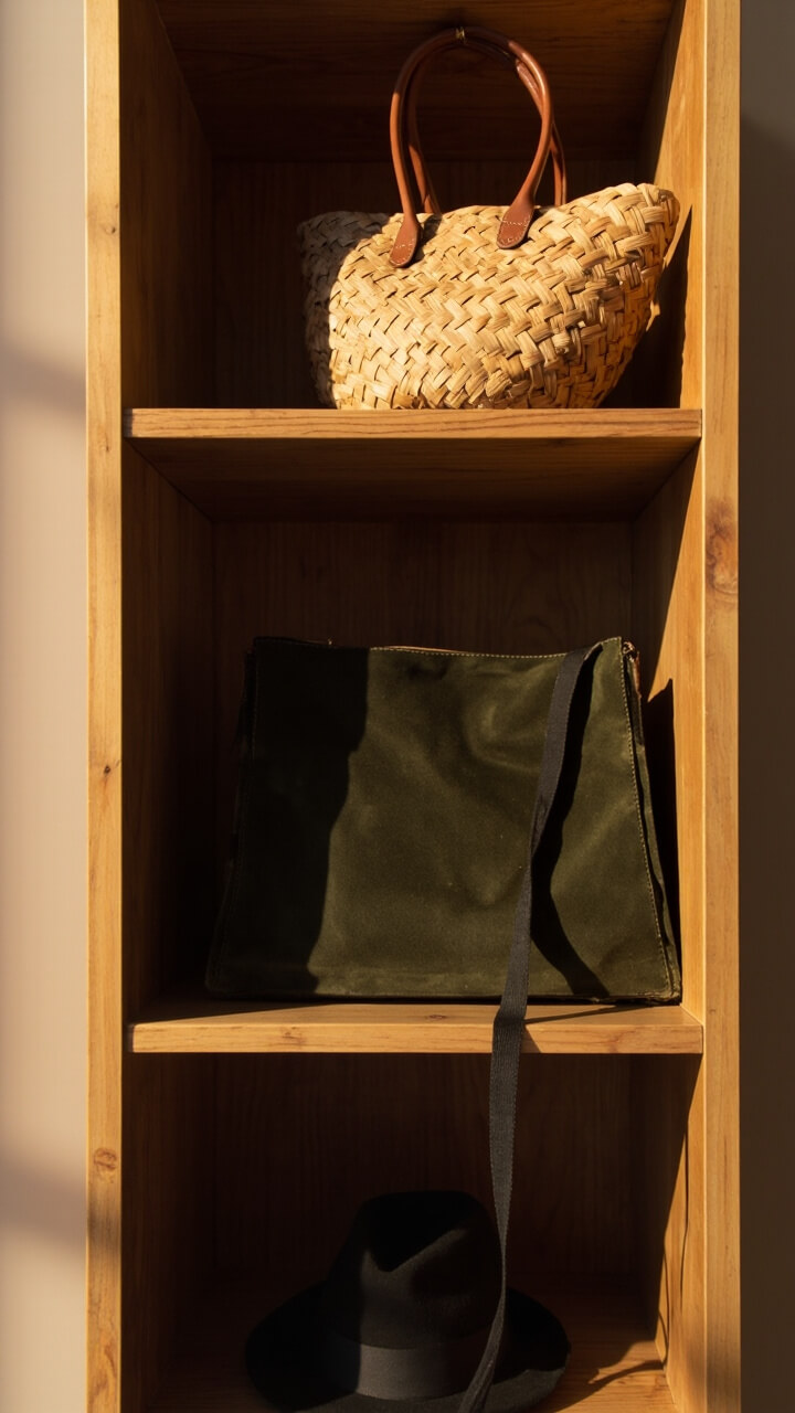 A medium-oak built-in wardrobe with three open shelves stacked vertically. On the top shelf rests a woven straw tote with tan leather handles, the middle has a forest green suede shoulder bag, and the bottom shelf displays a classic black felt fedora.
