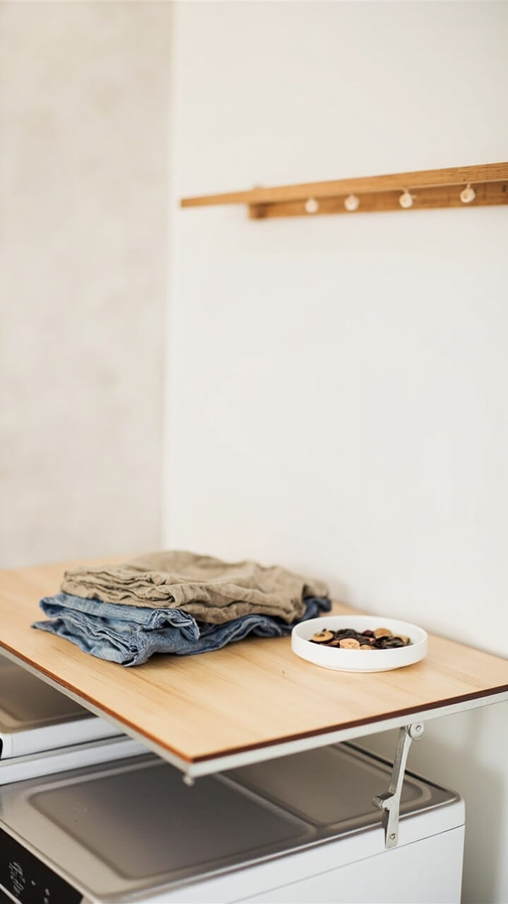 A light birch wall-mounted folding tabletop is shown in the down position, flush above the washer and dryer. There’s a freshly folded stack of jeans and tee shirts, and a round white ceramic dish for loose buttons. The walls are pure white with a single wood peg rail nearby.