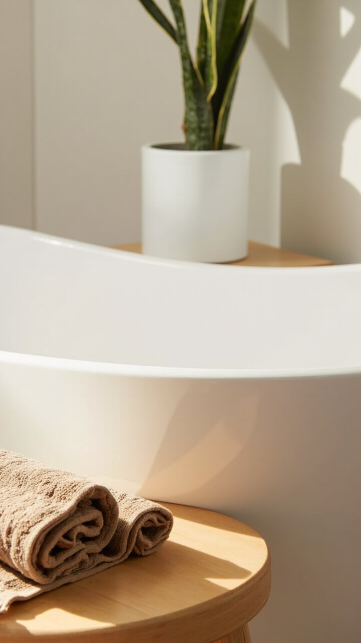 A light beech wood stool sits next to a white free-standing tub, holding two neatly rolled beige towels. Behind, a single snake plant in a white cylinder pot on a floating shelf.