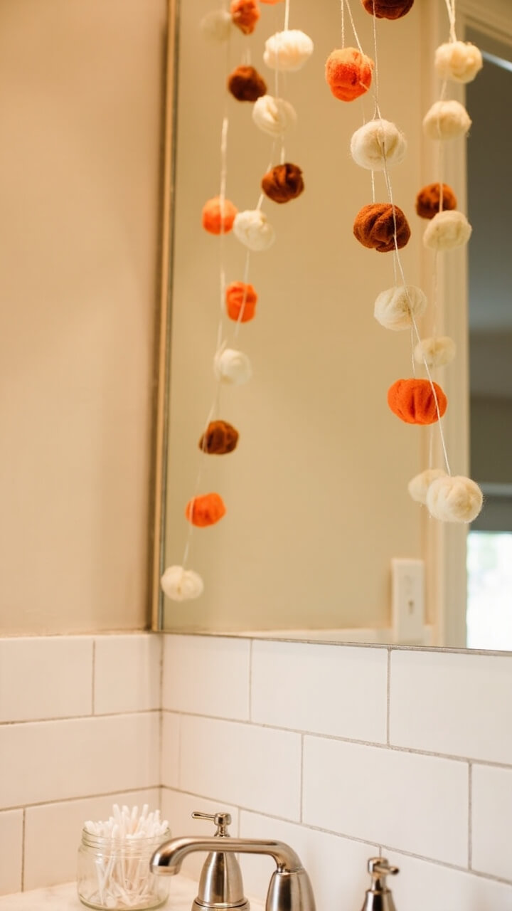 Across the top of a wide frameless vanity mirror hangs a strand of mini felt pumpkins in alternating orange and cream. The mirror reflects clean white tile, and a single glass jar with cotton swabs sits on the counter.