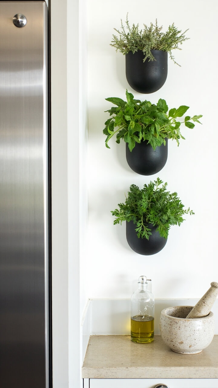 A white kitchen wall next to a stainless stove holds three vertical matte black wall planters, each sprouting neatly trimmed basil, parsley, and thyme. On the nearby countertop is a single mortar and pestle and a glass olive oil dispenser.