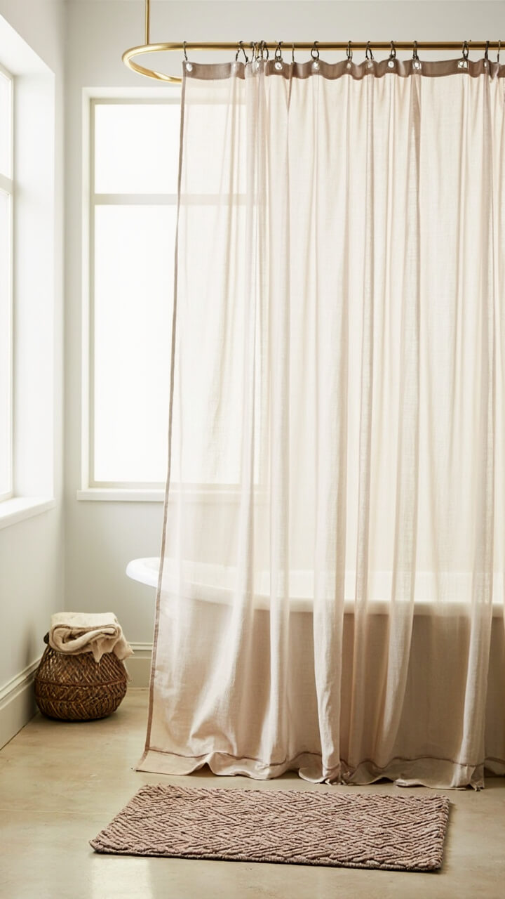 A mushroom colored herringbone cotton bath rug lies in front of the tub. An oat linen shower curtain hangs from a brushed brass curtain rod with matching rings. A low seagrass basket sits in the corner near the tub.