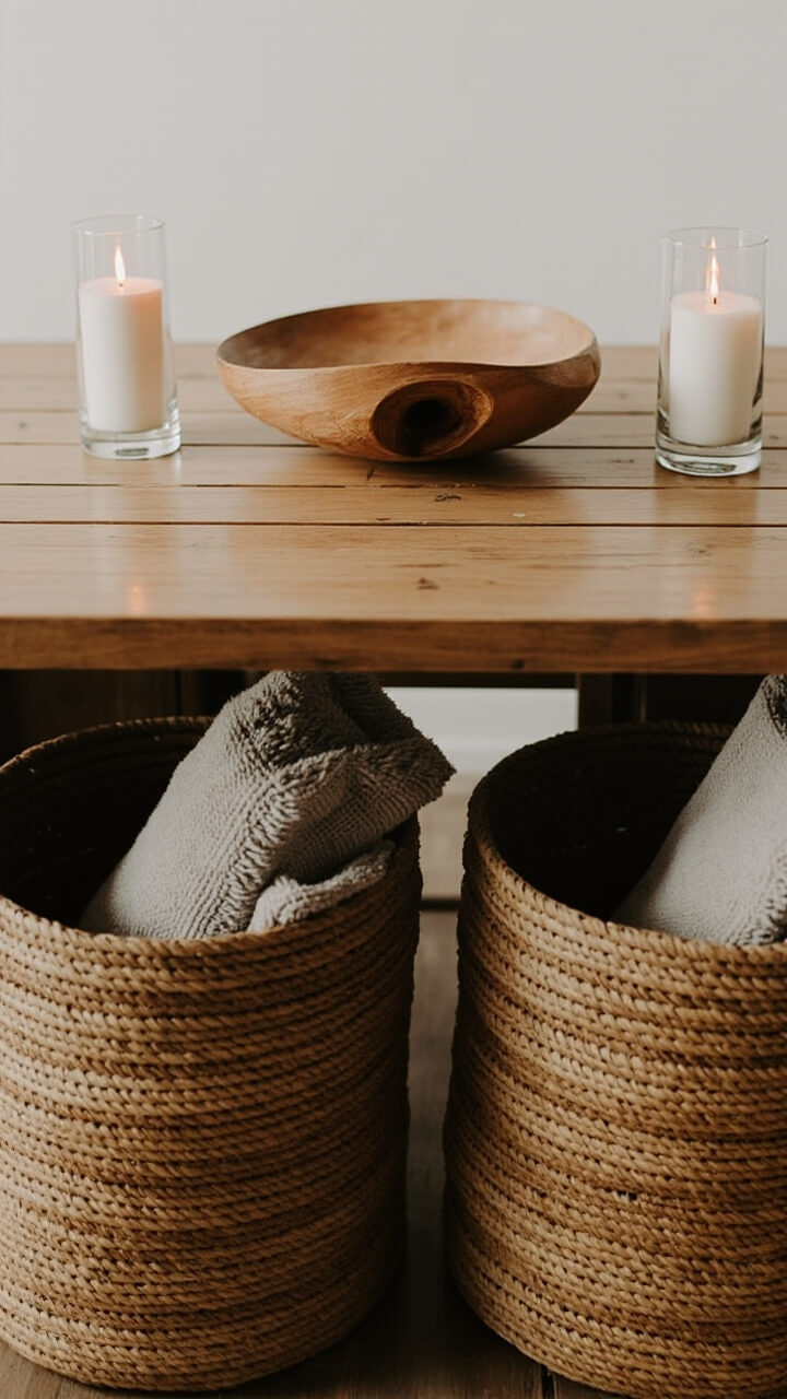 A light beige slipcovered sofa faces a matte brass-framed sofa table with open shelf below. Two large oval seagrass baskets are tucked neatly underneath, each with a rolled chenille throw peeking out. On the tabletop, a pair of simple white pillar candles in glass holders flank a divot wooden bowl.