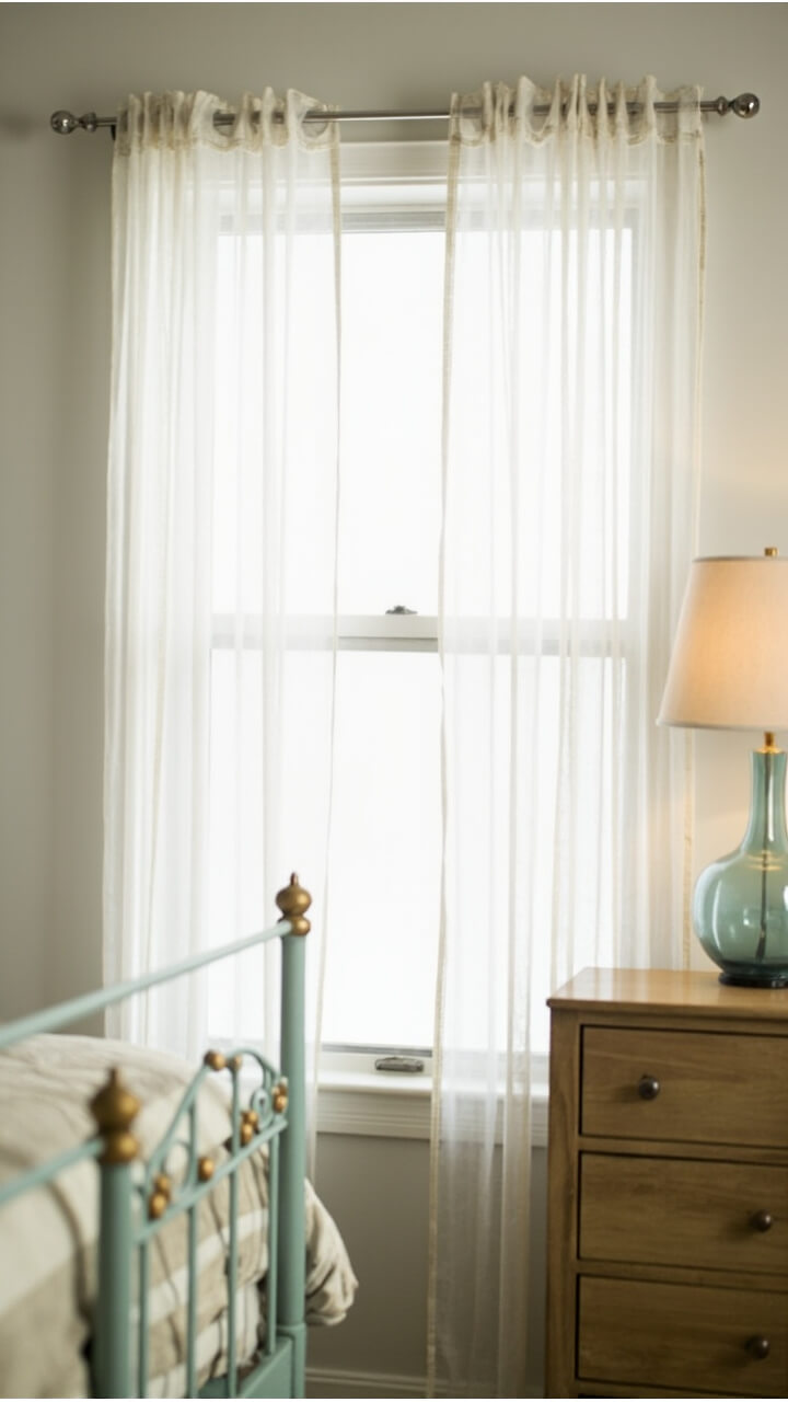A single window with white semi-sheer curtains mounted six inches above the window frame, reaching all the way to the floor. The bed, with a robin’s egg blue frame, sits to the side with white and beige stripe bedding. The walls are pale grey, and a single wood nightstand holds a blue glass lamp.