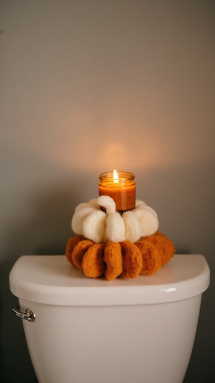 On top of a closed white toilet tank are two stacked felt pumpkins (dark orange below, cream above) and a miniature amber glass jar candle. The tank is set against a dove gray wall.