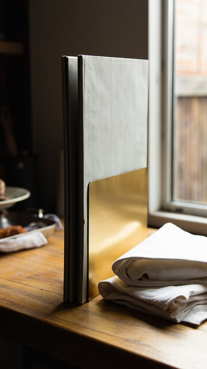 A thick, open hardcover cookbook sits propped on a brushed brass stand, angled toward the kitchen. It’s placed on one corner of a butcher block island, with a single white tea towel folded next to it.