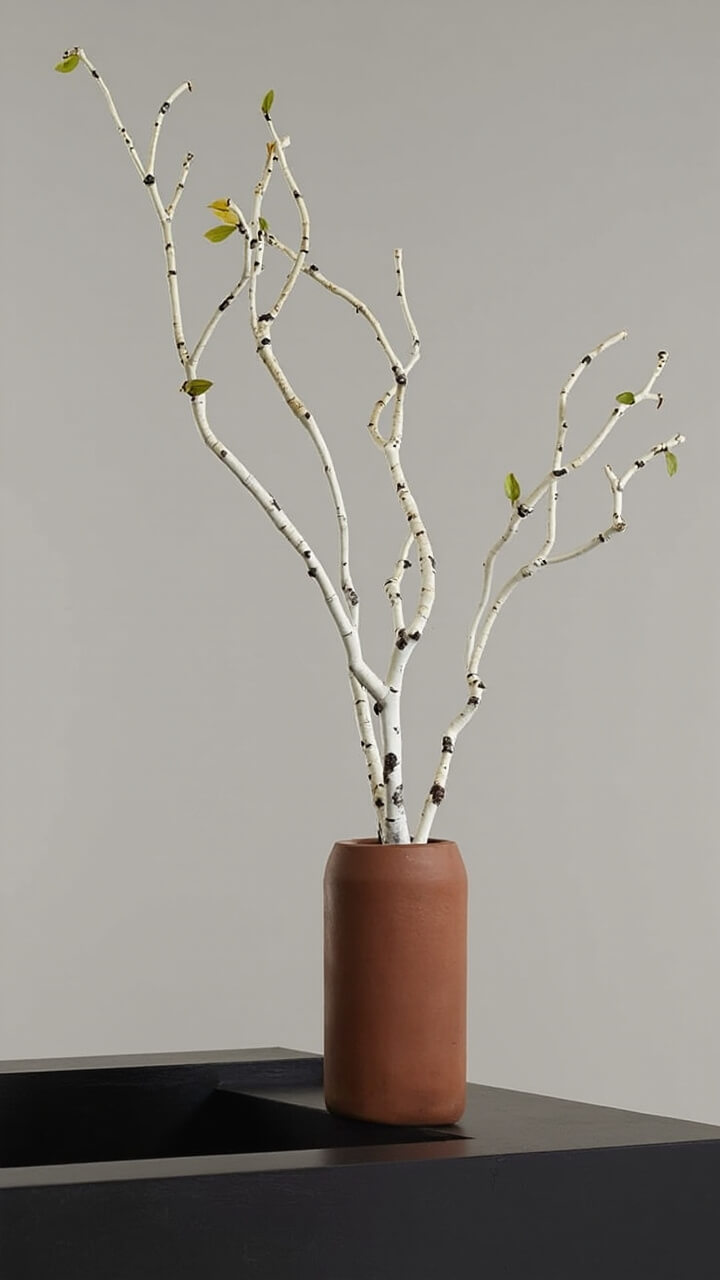 A tall, narrow matte terracotta vase holds three long birch branches. The arrangement stands at the end of a charcoal black waterfall island.