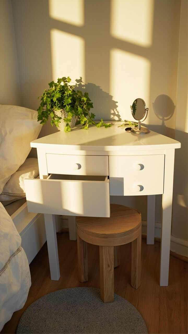 A white laminated triangular vanity fits perfectly in a sunny bedroom corner, with drawers seamlessly tugged along each angled side. A small round mirror sits on the vanity. A potted ivy plant adds greenery, and a round grey felt pad offers comfort under a simple wooden stool.